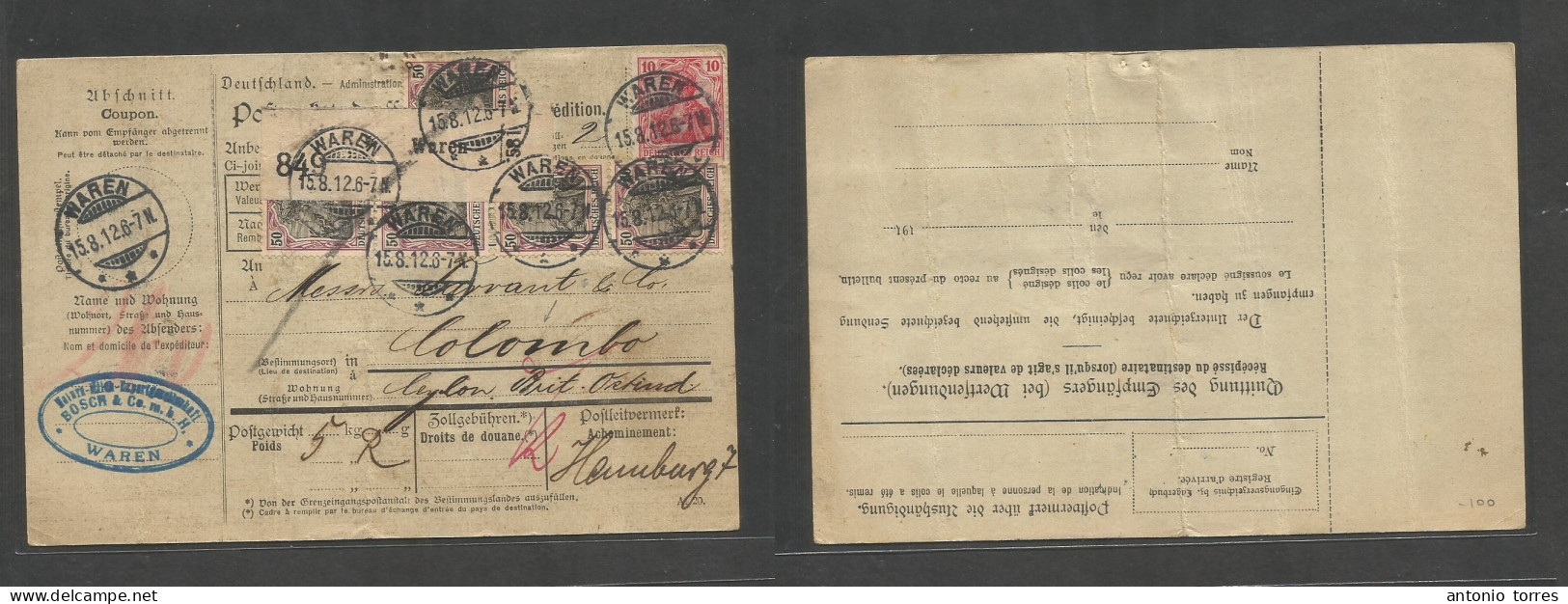 Germany - Xx. 1912 (15 Aug) Waren - Ceylon, Colombo, Indian Ocean. Multifkd Postal Package. Reverse Better Destination U - Other & Unclassified