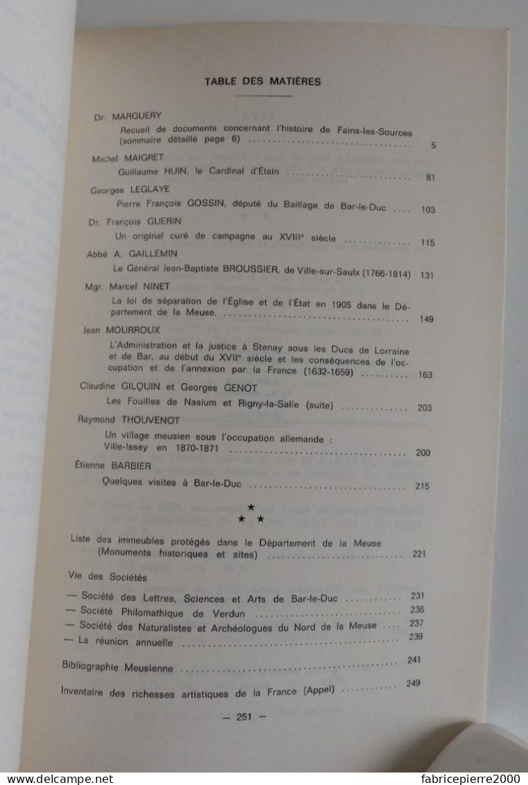 BULLETIN DES SOCIETES D'HISTOIRE ET D'ARCHEOLOGIE DE LA MEUSE N°9 1972 EXCELLENT ETAT Bar-le-Duc Verdun Commercy Fains - Lorraine - Vosges