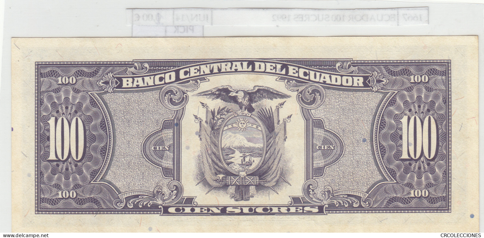 BILLETE ECUADOR 100 SUCRES 1992 P-123Аb.3 N01667 - Other - America