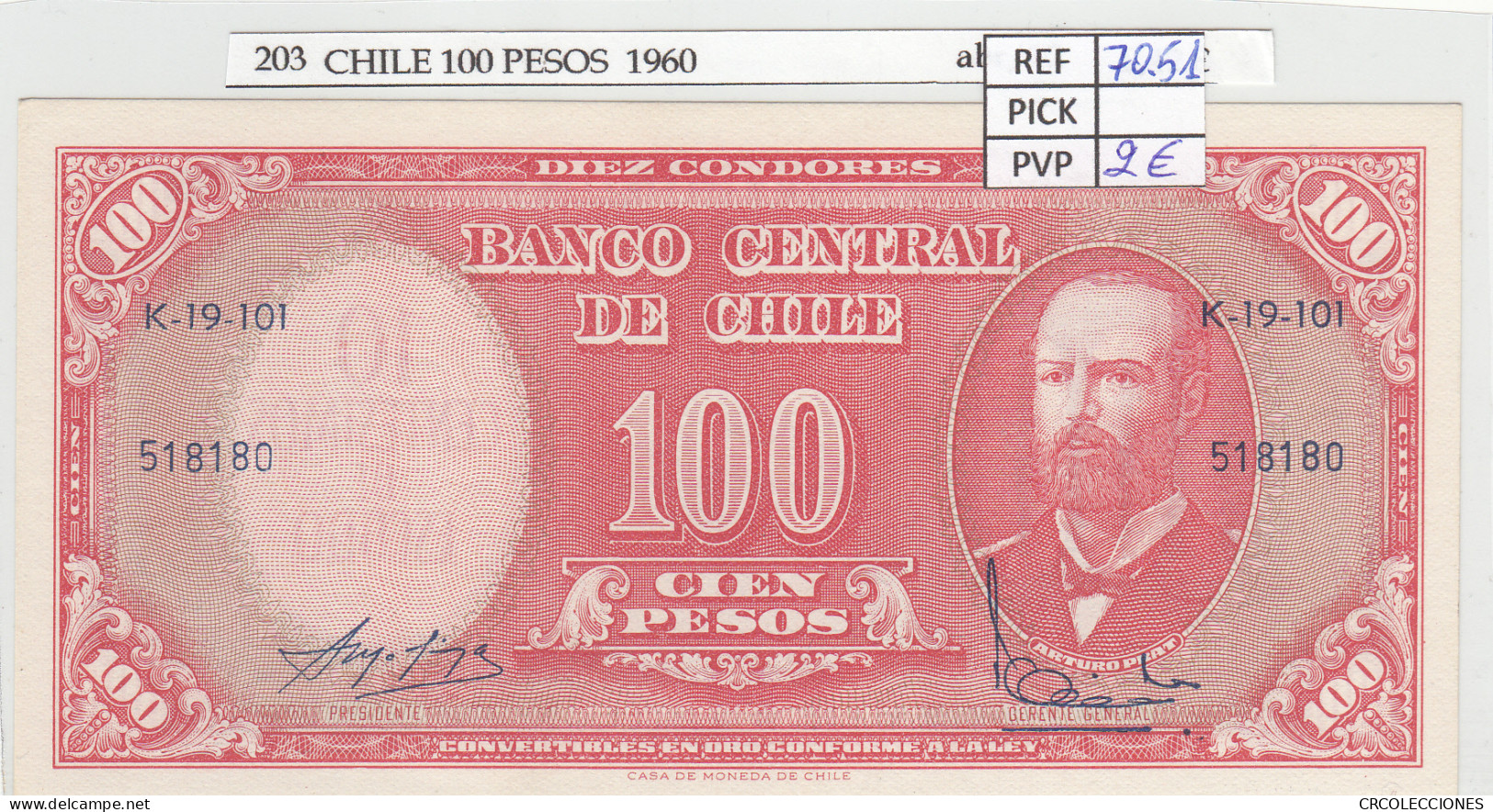 BILLETE CHILE 100 PESOS  1960 P-127a.3 - Sonstige – Amerika