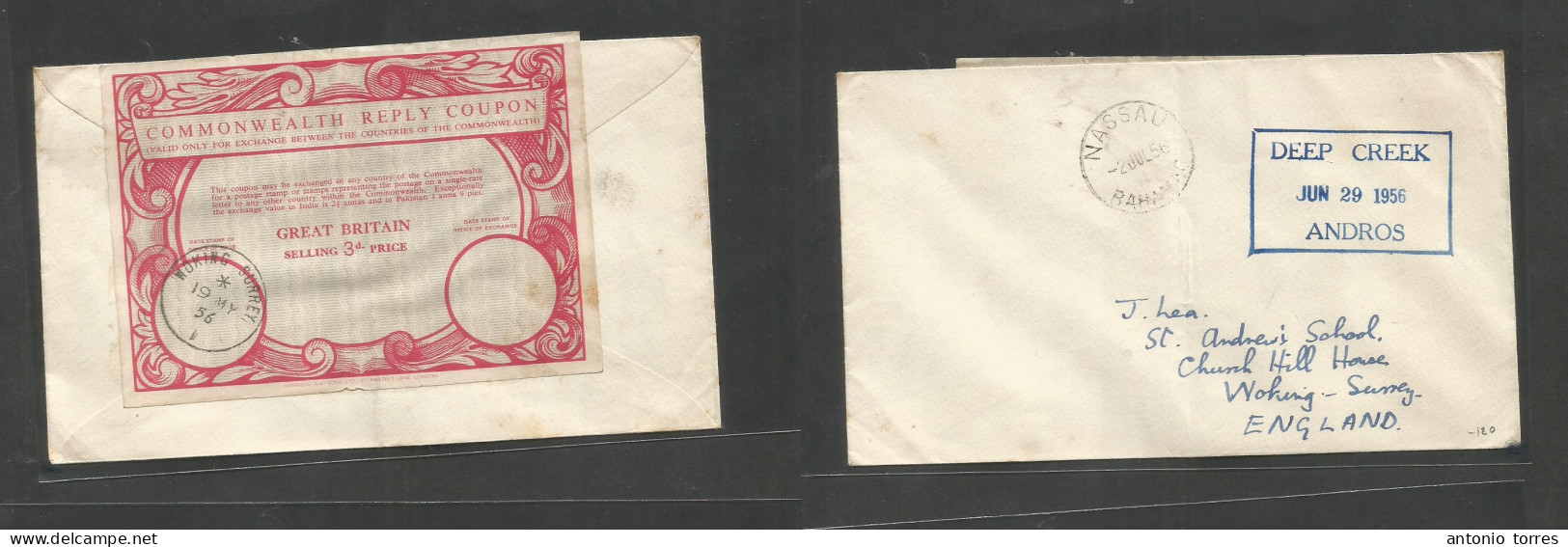 Great Britain - Xx. 1956 (2 July) Bahamas, Deep Creek, Andros - England, Woking. Envelope Circulated With Commonwealth R - ...-1840 Vorläufer