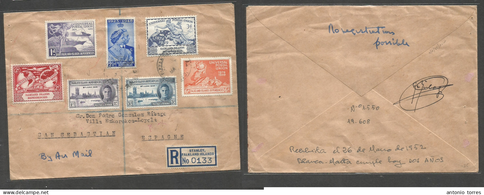 Bc - Falkland Islands. 1952 (1 Jan) Stanley - Spain, San Sebastian (26 March 1952) Registered Airmail Multifkd Env Trip - Autres & Non Classés