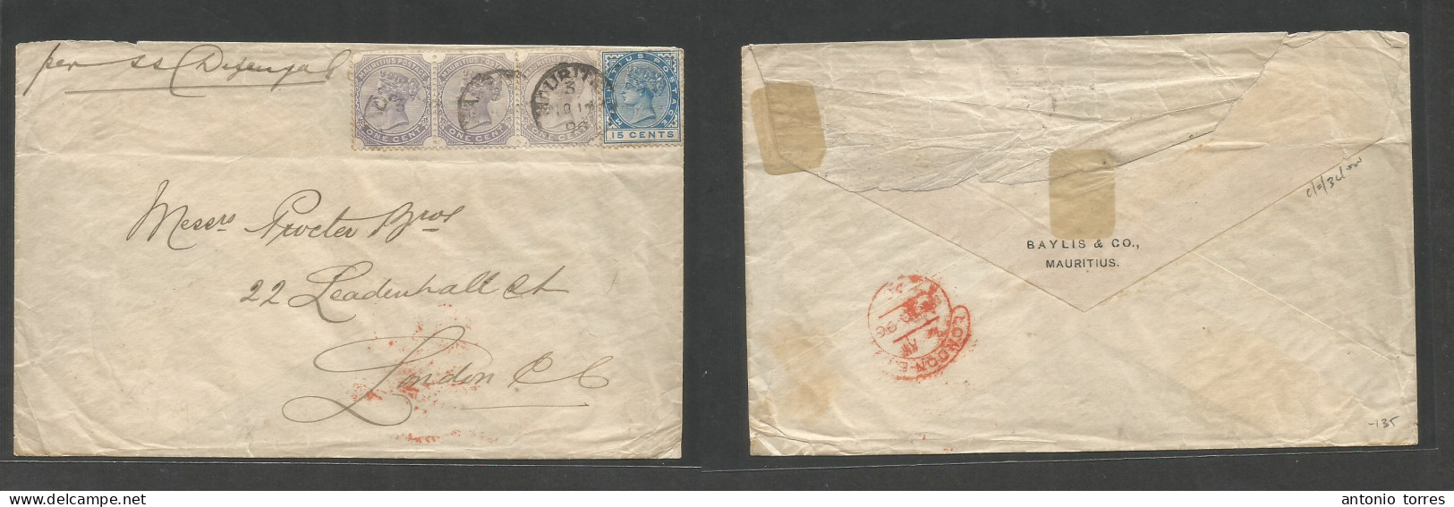 Bc - Mauritius. 1906 (14 Nov) GPO - London, UK (Dec 10) Multifkd QV Envelope Out 18c Rate, Tied Cds Per "SS Dubengal" Ar - Other & Unclassified