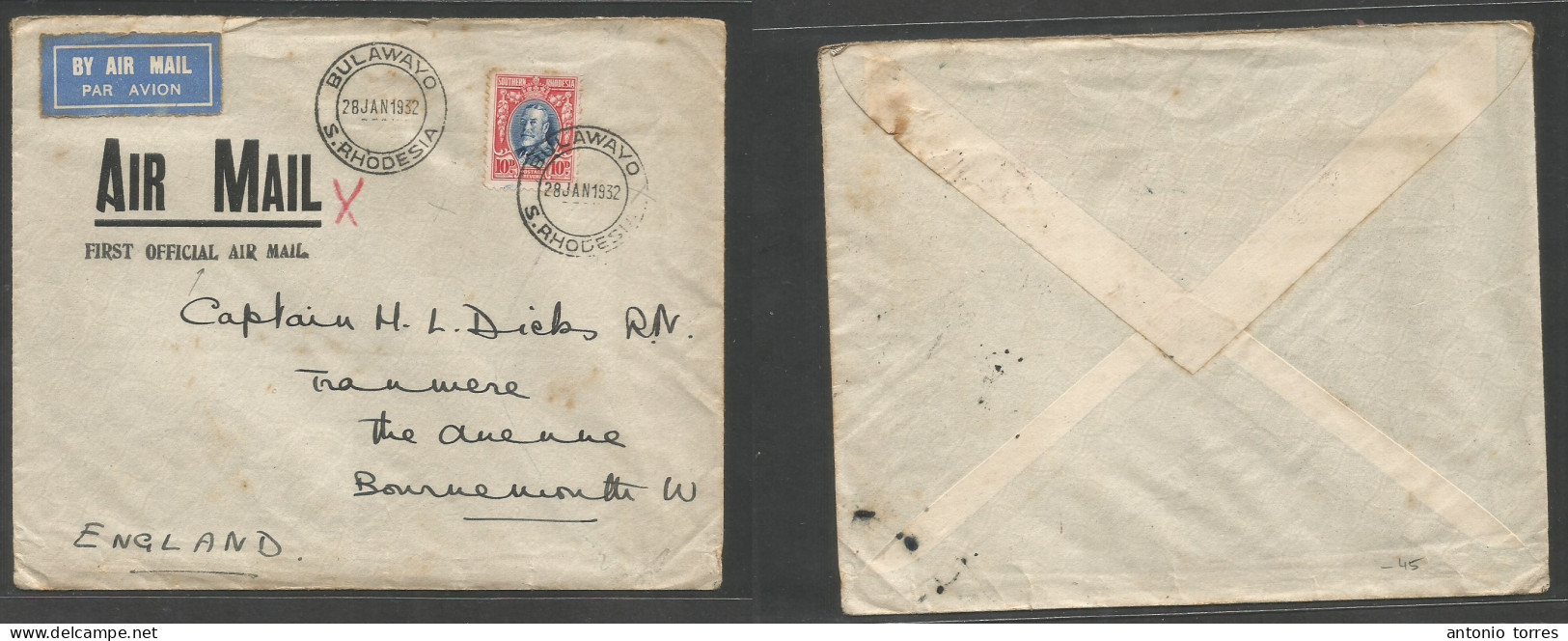 Bc - Rhodesia. 1932 (28 Jan) SR, Bulawayo - England, Bournemouth. First Official Envelope Mail, 10d Fkd Env, Special Cac - Autres & Non Classés