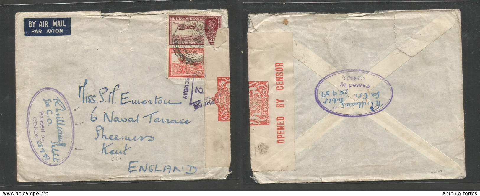 India. 1939 (29 Sept) Naval Officer Mail. Bombay - England, Kent, Sheeness. Air Multifkd Env, Special Oval Naval Censors - Sonstige & Ohne Zuordnung