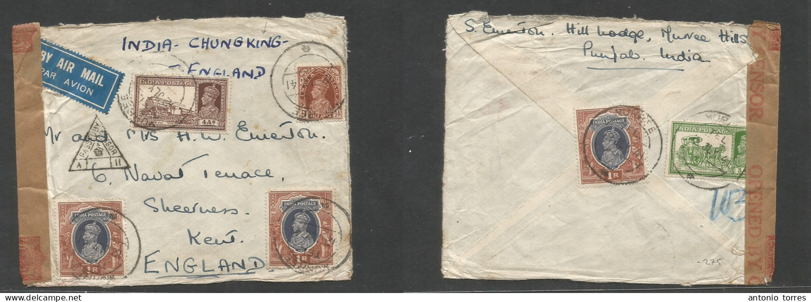 India. 1941 (12 July) Muree, Punjab, Northern Frontier - England, Kent, Sheerness. Air Multifkd Front And Reverse Env. H - Andere & Zonder Classificatie