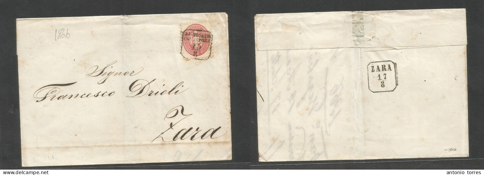 Italy Lombardy - Venetia. 1866 (12 Aug) Venezia - Zara, Croatia (17 Aug) E Fkd 5 Soldi Rose Perf, Tied Box "Da Venezia C - Non Classés