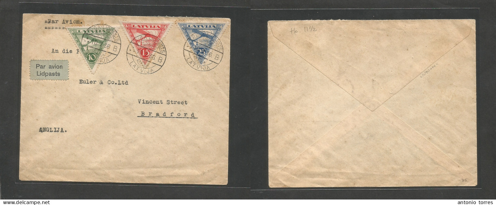 Latvia. 1936 (10 July) Riga Lidpastis - UK, Bradford. Air Multifkd Envelope, Triangular Usage. Fine. - Latvia