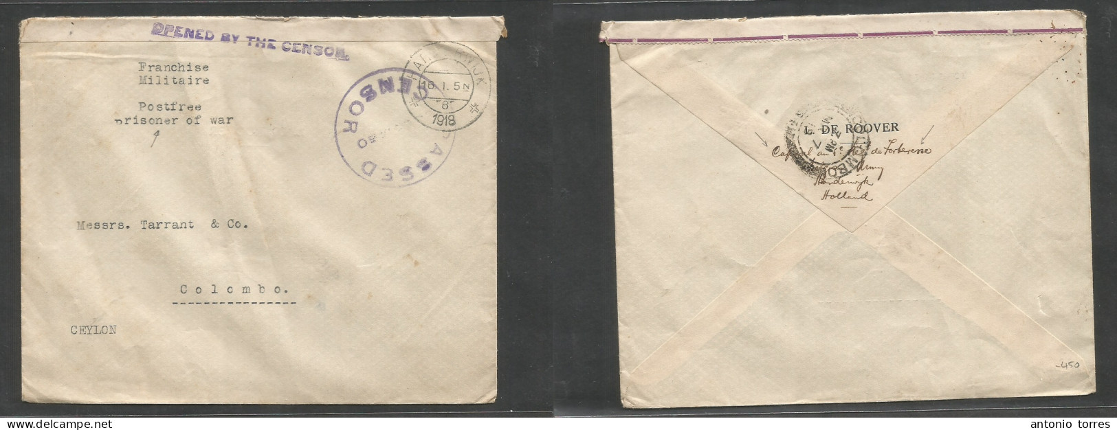 Netherlands. 1918 (16 Jan) Netherlands - Belgium - Ceylon. POW WWI Mail. Hardenwijk - Colombo, Ceylon (7 March) FM Inter - Sonstige & Ohne Zuordnung