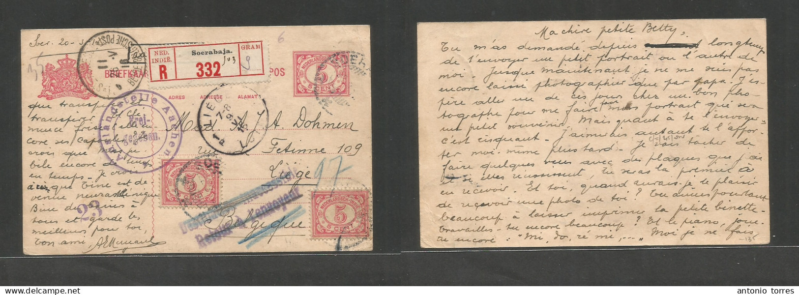 Dutch Indies. 1916 (20 March) WWI. Soerabaja - Belgium, Liege (9 June) Via Belgium Mil Mail. Registered 5c Red Stat Card - Indes Néerlandaises