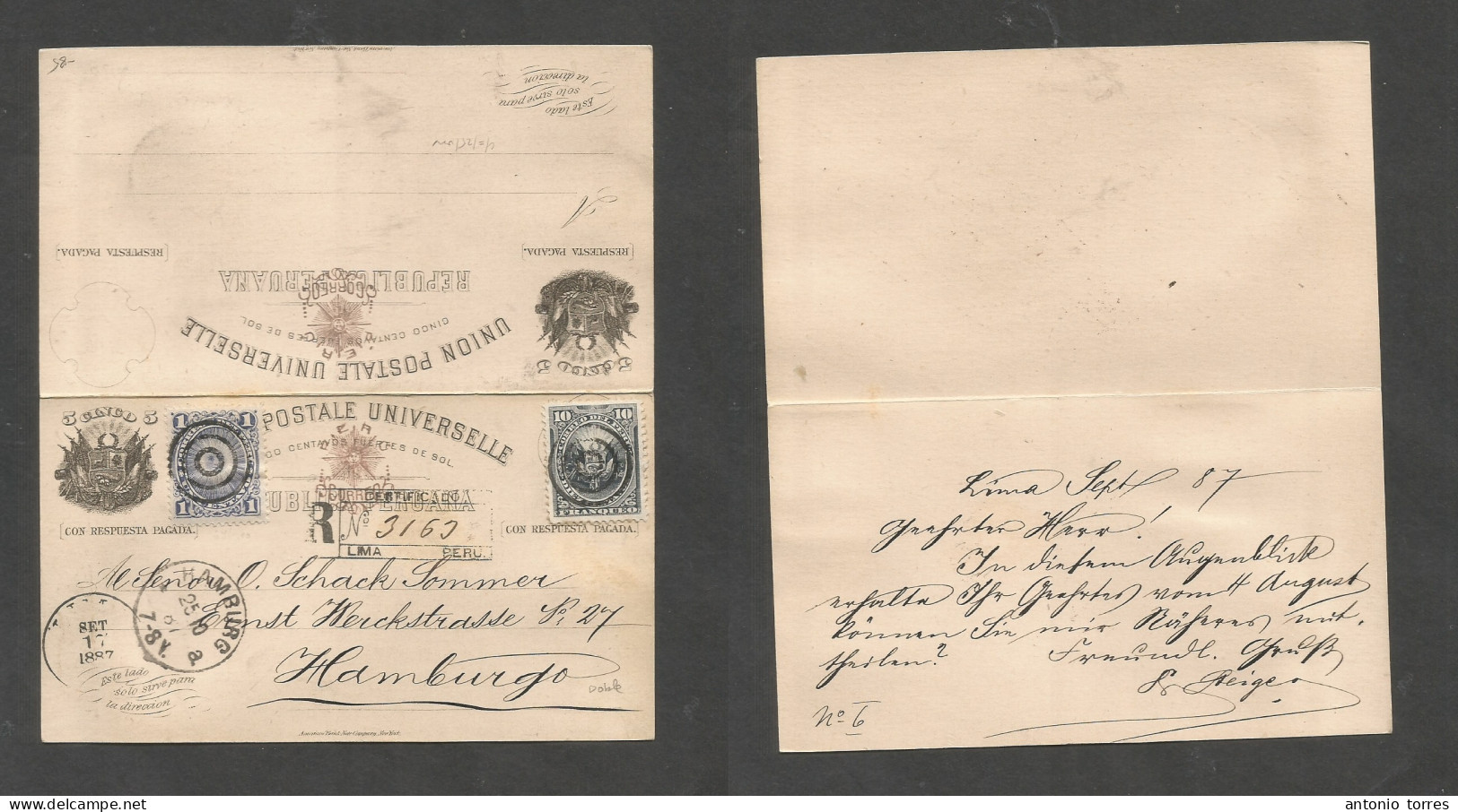 Peru. 1887 (17 Sept) Lima - Germany, Hamburg (20 Oct) Registered Multifkd Doble 5c Black Illustrated Stat Card On Way Ou - Pérou