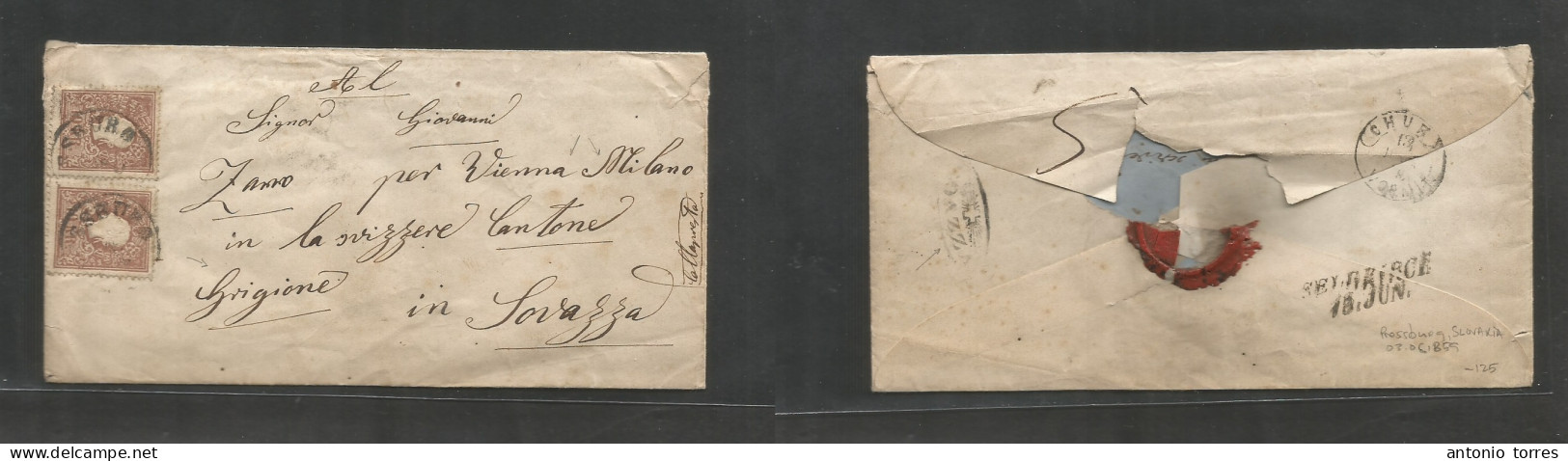 Slovakia. 1859 (13 June) Austria Postal Adm, Pressburg - Switzerland, Canton Grigione. Multifkd Env At 20 Kr Rate, Tied - Autres & Non Classés