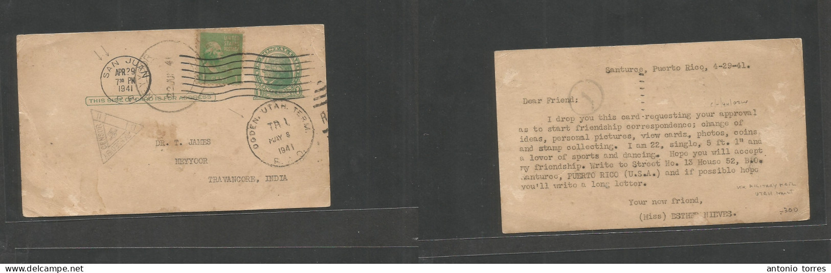 Usa - Prexies. 1941 (Apr 29) Puerto Rico, San Juan - India, Neyoor (22 Jun) 1c Green + Adtl, Tied Rolling Cachet Via Mil - Other & Unclassified