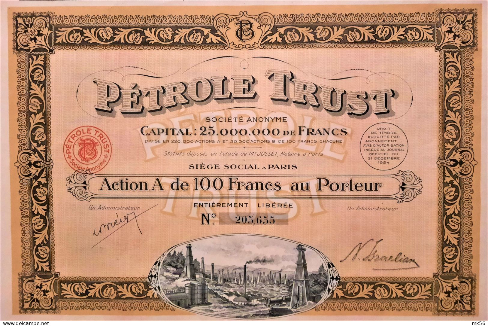 S.A. Petrole Trust - Action De 100 Francs Au Porteur  (1924) - Paris - Aardolie