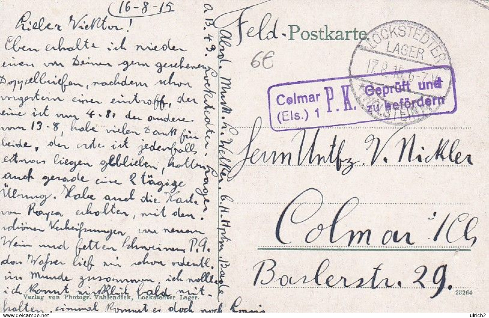 AK Lockstedter Lager - Soldatenheim - Feldpost Colmar 1915 (68668) - Hohenlockstedt