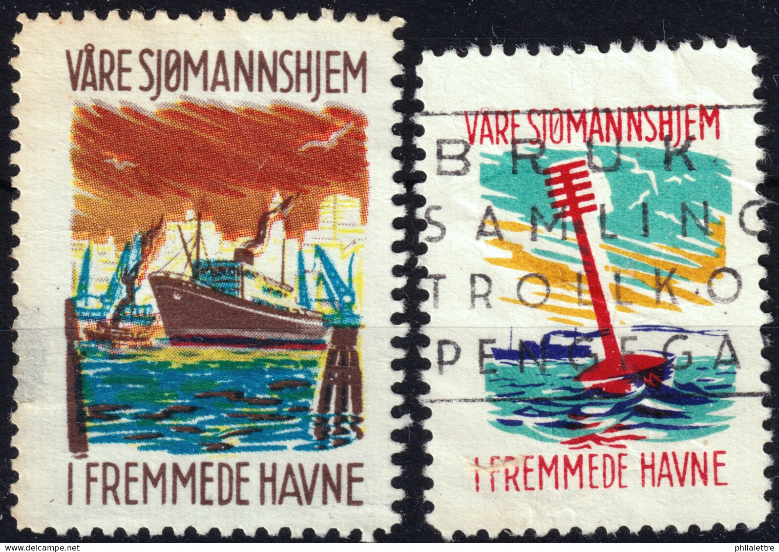 NORVÈGE / NORWAY - 2x "VÅRE SJØMANNSHJEM I FREMMEDE HAVNE" Poster Stamp (Norwegian Seamen's Homes In Foreign Ports) -VFU - Barcos