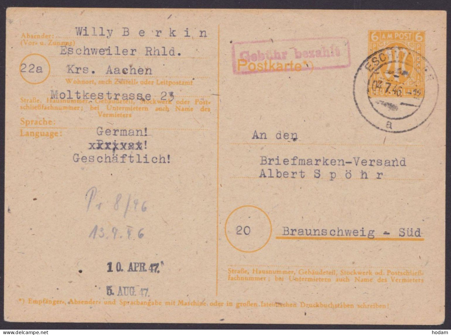 Eschweiler: P905, O, Bedarf, Roter Ra "Gebühr Bezahlt", 4.7.46 - Lettres & Documents