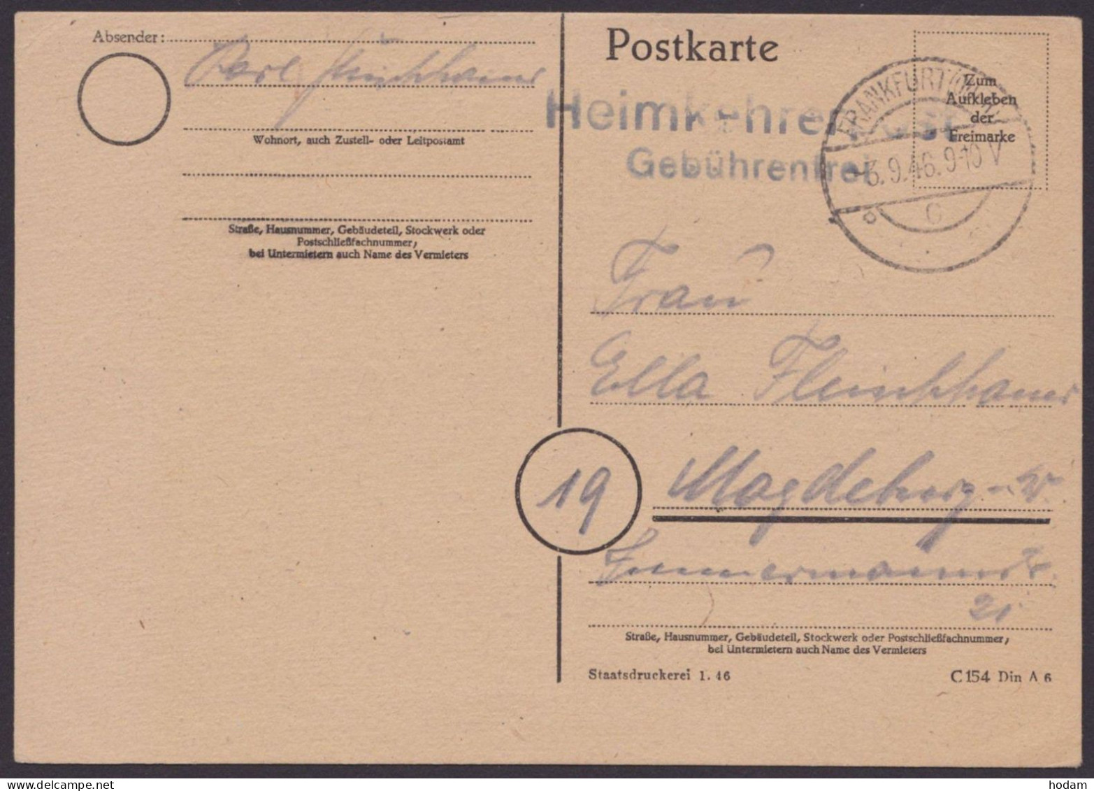 Frankfurt/M.: Bedarf, O, 3.9.46, L2 "Heimkehrerpost, Gebührenfrei" - Cartas & Documentos