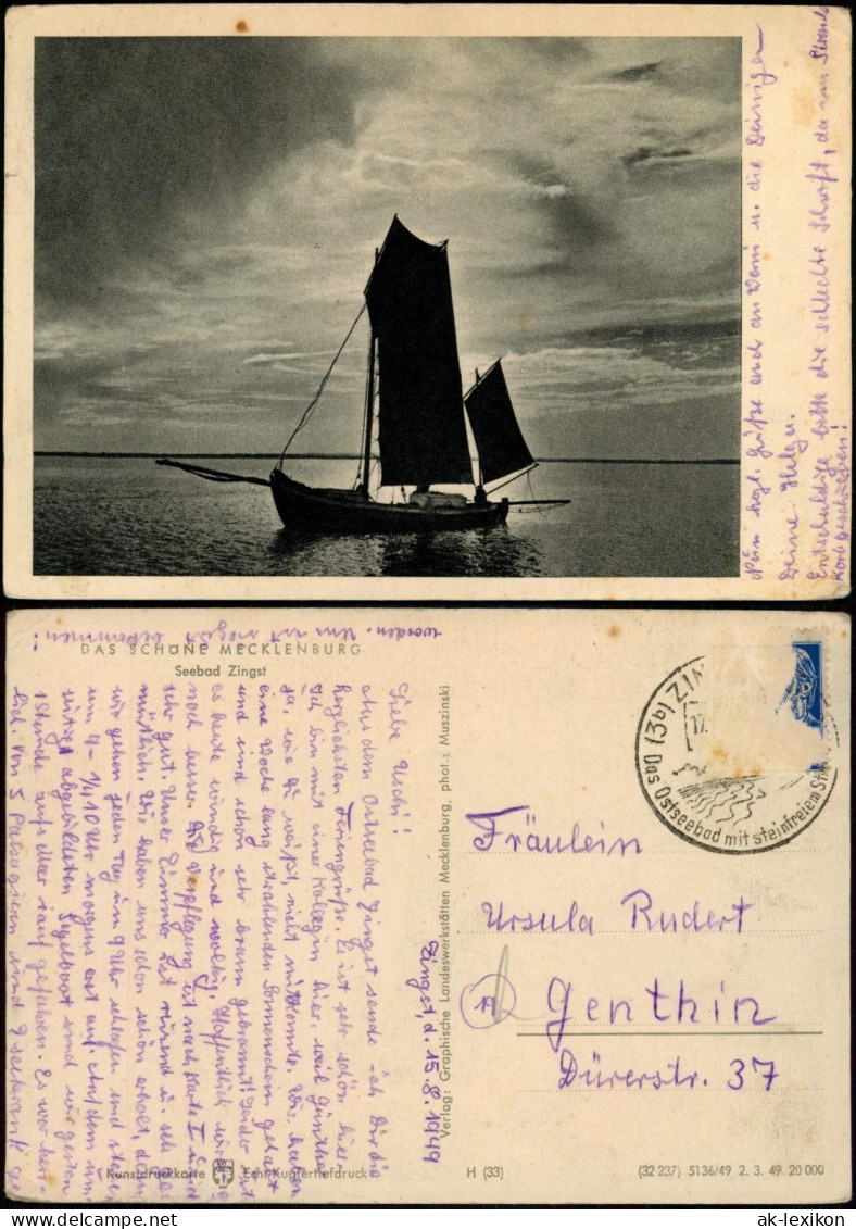 Ansichtskarte Zingst Meer Baltic Sea - Segelboot Abendstimmung 1949 - Zingst