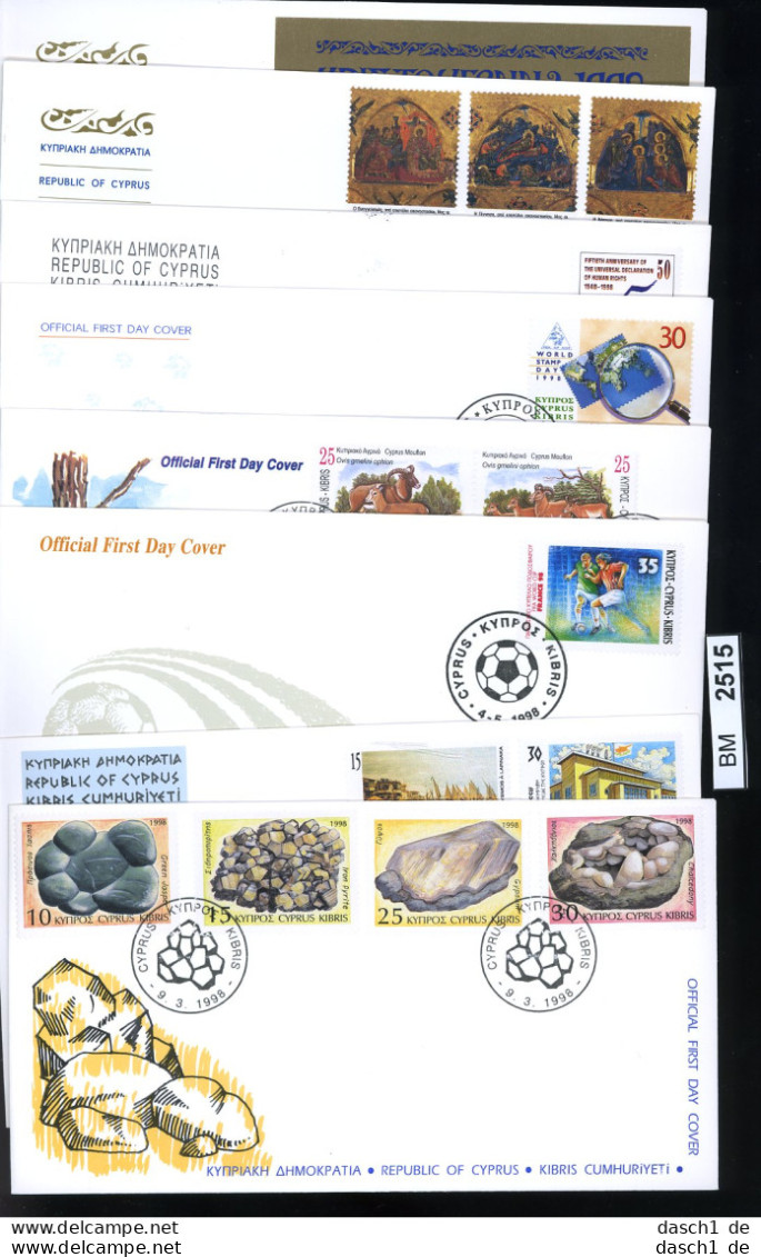 BM2515, Zypern. O, 1998, 8 FDC, 907-Block 19 Komplett  - Briefe U. Dokumente