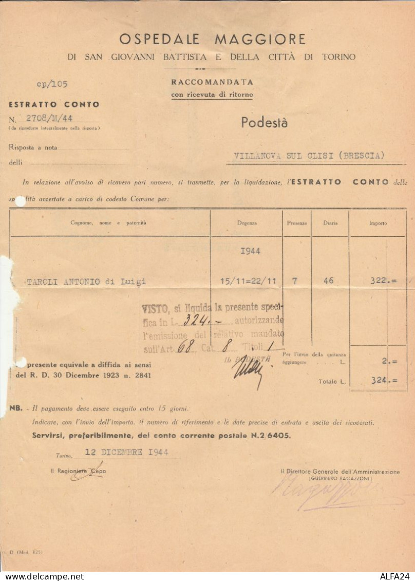 RACCOMANDATA 1944 2X10+2X75 C RSI TIMBRO TORINO (I EMISSIONE) (RY4742 - Marcophilie