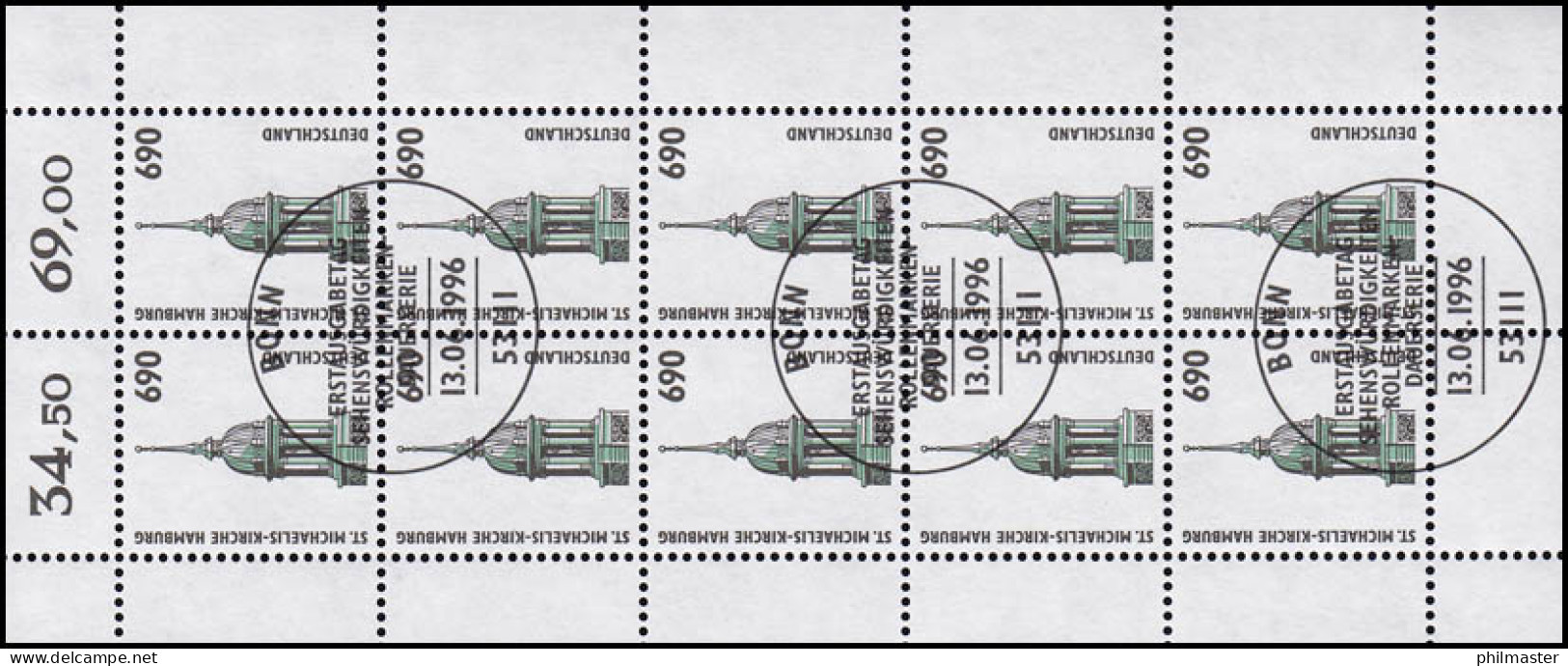 1860 SWK 690 Pf Kirche Hamburg - 10er-Bogen ESSt Bonn - 1991-2000