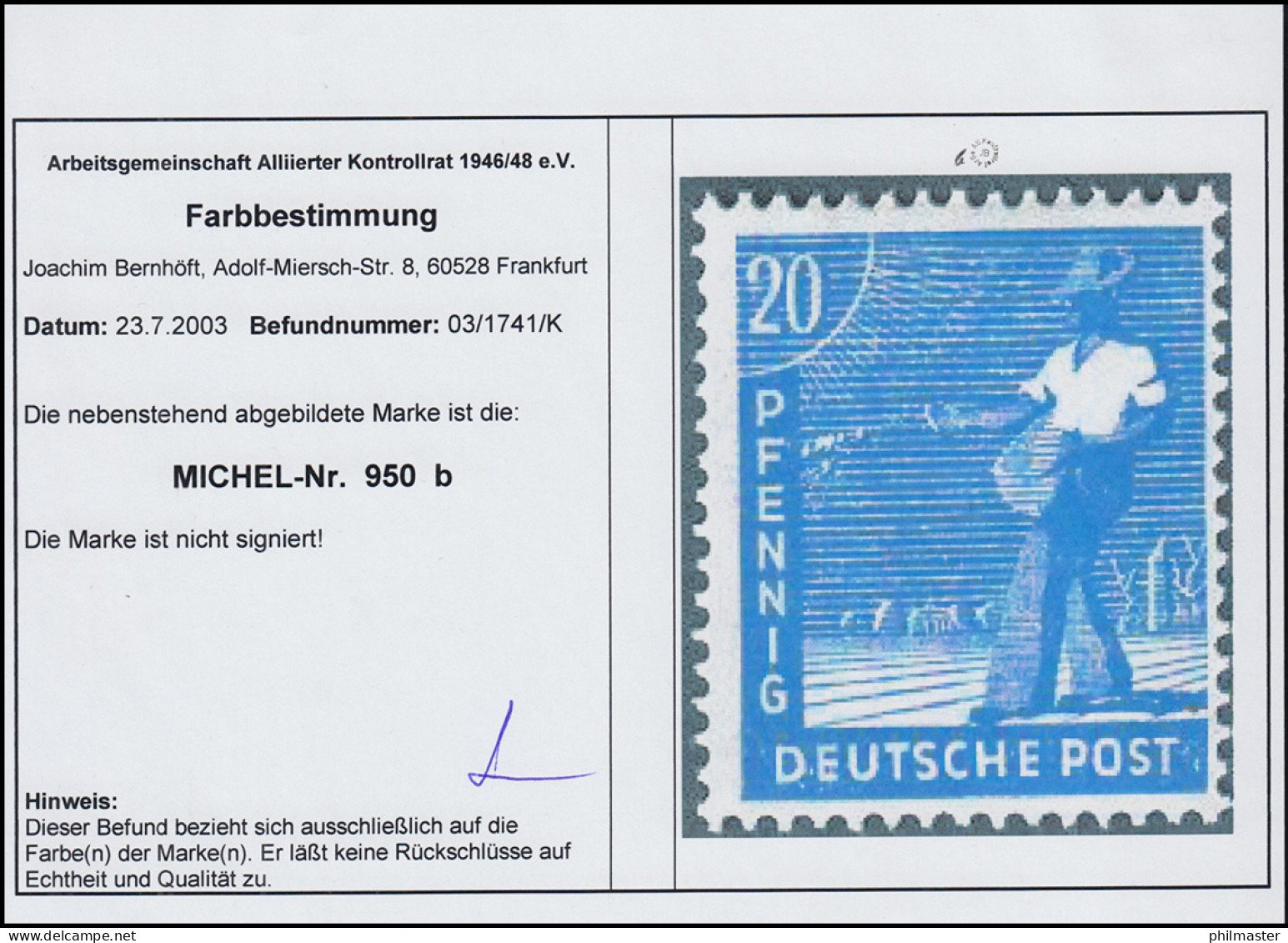950b Sämann 20 Pf, Dunkelkobaltblau, ** Postfrisch, Befund Bernhöft - Neufs