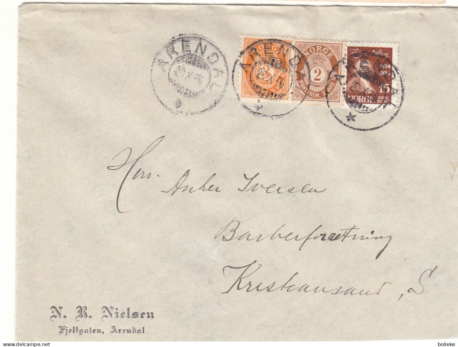 Norvège - Lettre De 1936 - Oblit Arendal - Exp Vers Kristiansand - - Briefe U. Dokumente