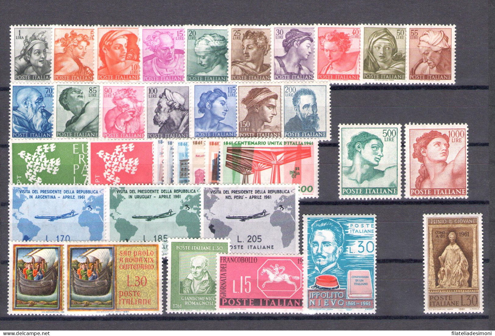 1961 Italia Repubblica, Francobolli Nuovi, Annata Completa 36 Valori Nuovi MNH** (No Gronchi Rosa) - Années Complètes