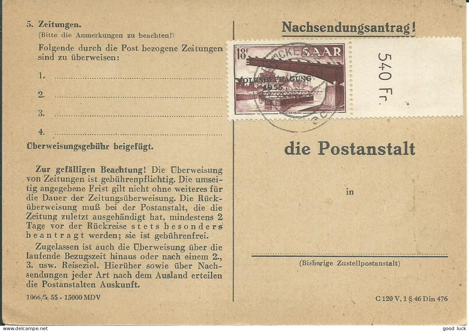 ALLEMAGNE CARTE PRE-TIMBREE 18F SARREBRUCK DE 1955 LETTRE COVER - Cartas & Documentos