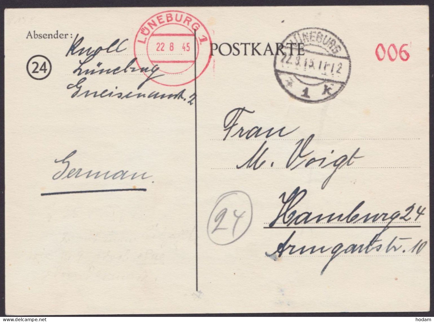 Lüneburg 1: Bedarfskarte, Apt. Absenderfreistempel, 22.8.45 - Briefe U. Dokumente