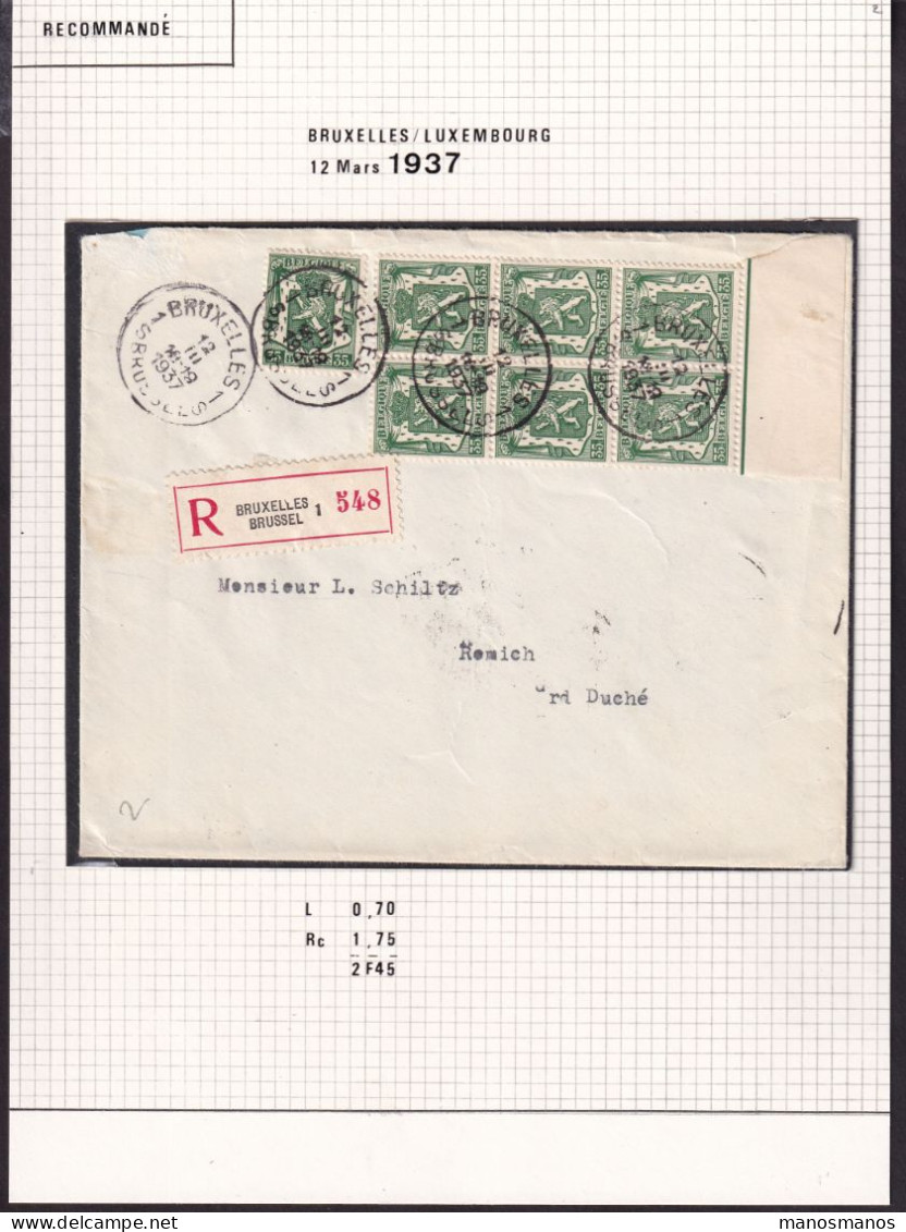 DDFF 907 -- Collection Petit Sceau De L' Etat - Enveloppe Reco BRUXELLES 1937 Vers Le Luxembourg - TARIF PREFERENTIEL - 1935-1949 Kleines Staatssiegel