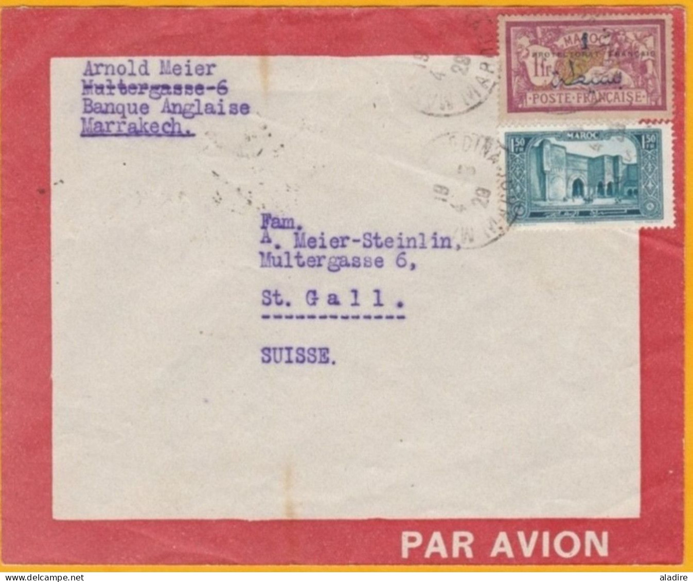 1929 - Maroc Précurseur Avion - Enveloppe De Marrakech Medina Vers St Gall, Suisse Via Casablanca - Cie Gale Aéropostale - Luftpost