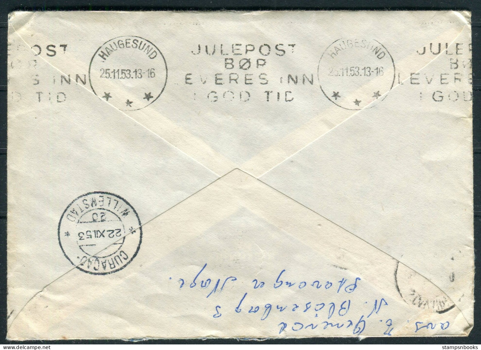 1953 Norway Stavanger Airmail Cover - Curacao Willemstad Via Haugesund Julpost Christmas - Lettres & Documents