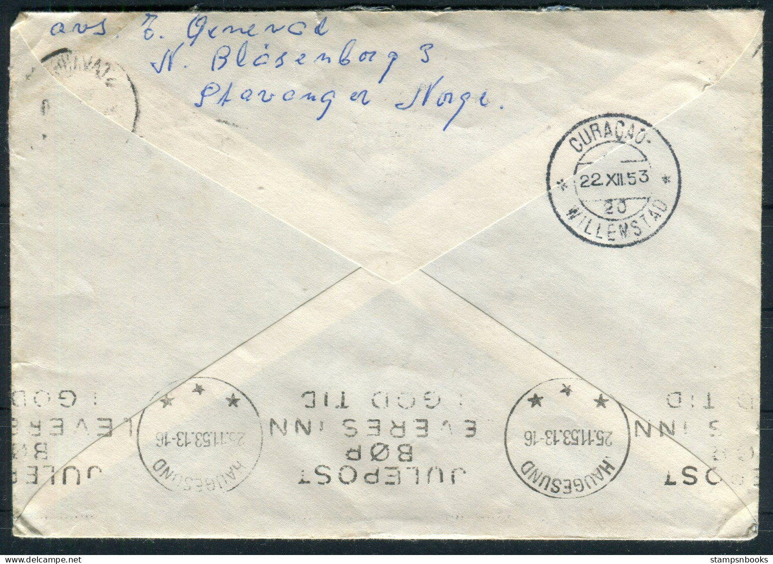 1953 Norway Stavanger Airmail Cover - Curacao Willemstad Via Haugesund Julpost Christmas - Covers & Documents
