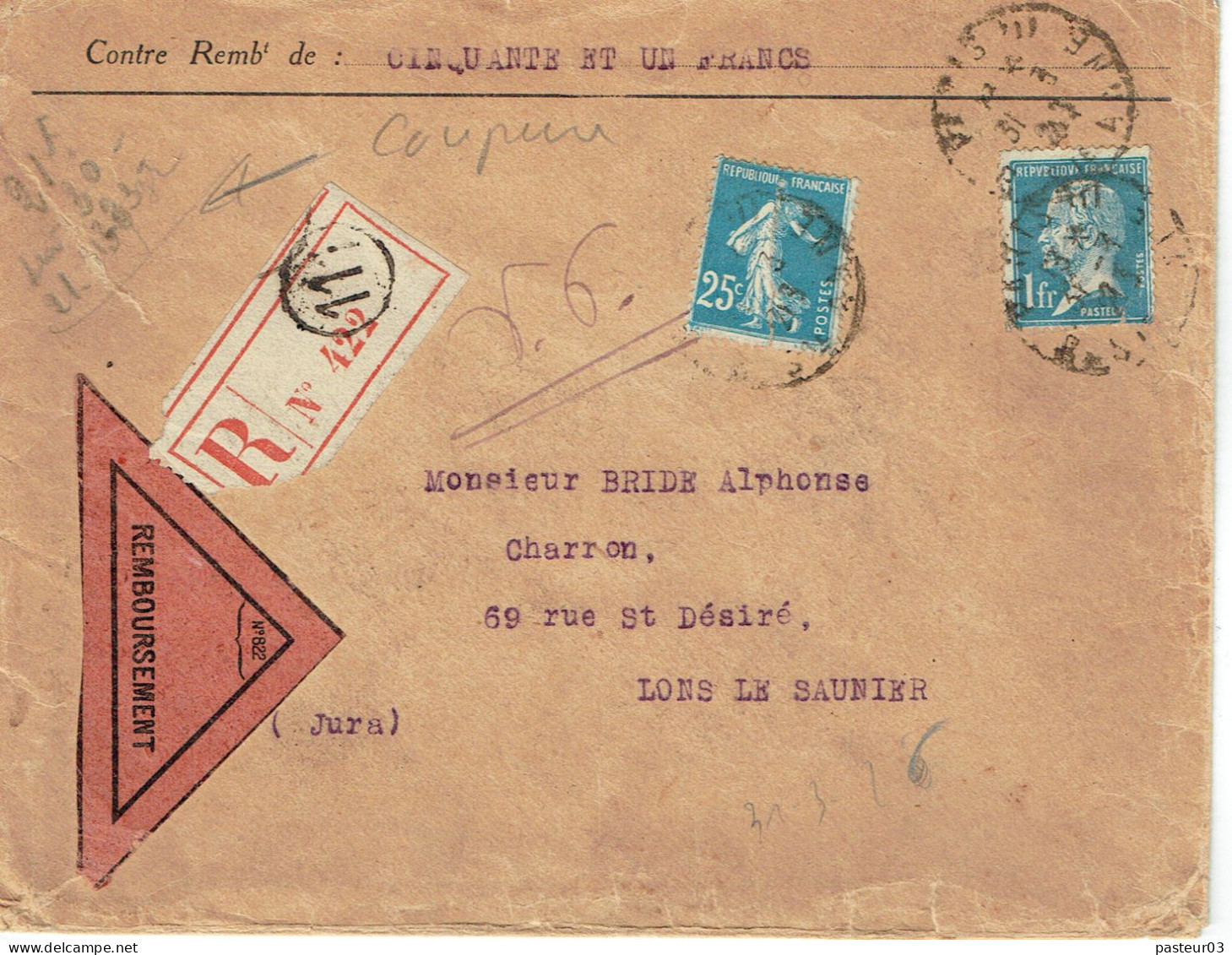 Tarifs Postaux France Du 16-07-1925 (49) Pasteur N° 179 1,00 F.  X 25 C. Semeuse Contre Remboursement VAR 31-03-1926 - 1922-26 Pasteur