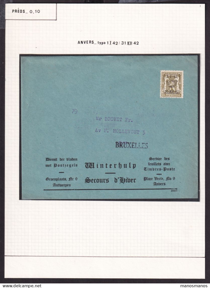 DDFF 917 -- Collection Petit Sceau De L' Etat - PREO 10 C 1942 Sur Enveloppe SECOURS D' HIVER - WINTERHULP Vers BXL - Typos 1936-51 (Petit Sceau)