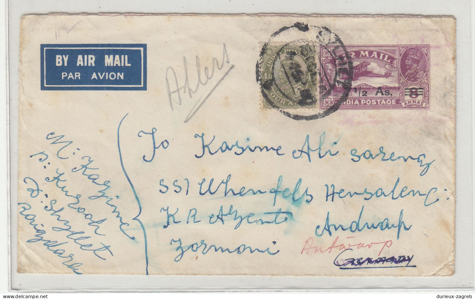 India Old KGV Air Mail Overprinted Postal Stationery Letter Cover Posted 193? To Germany B240401 - 1911-35  George V