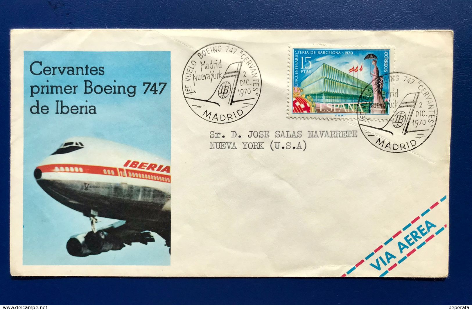 Spain España 1970, SOBRE MATASELLOS ESPECIAL CERVANTES PRIMER BOEING 747 DE IBERIA, Matasellos De Llegada A JAMAICA - Used Stamps