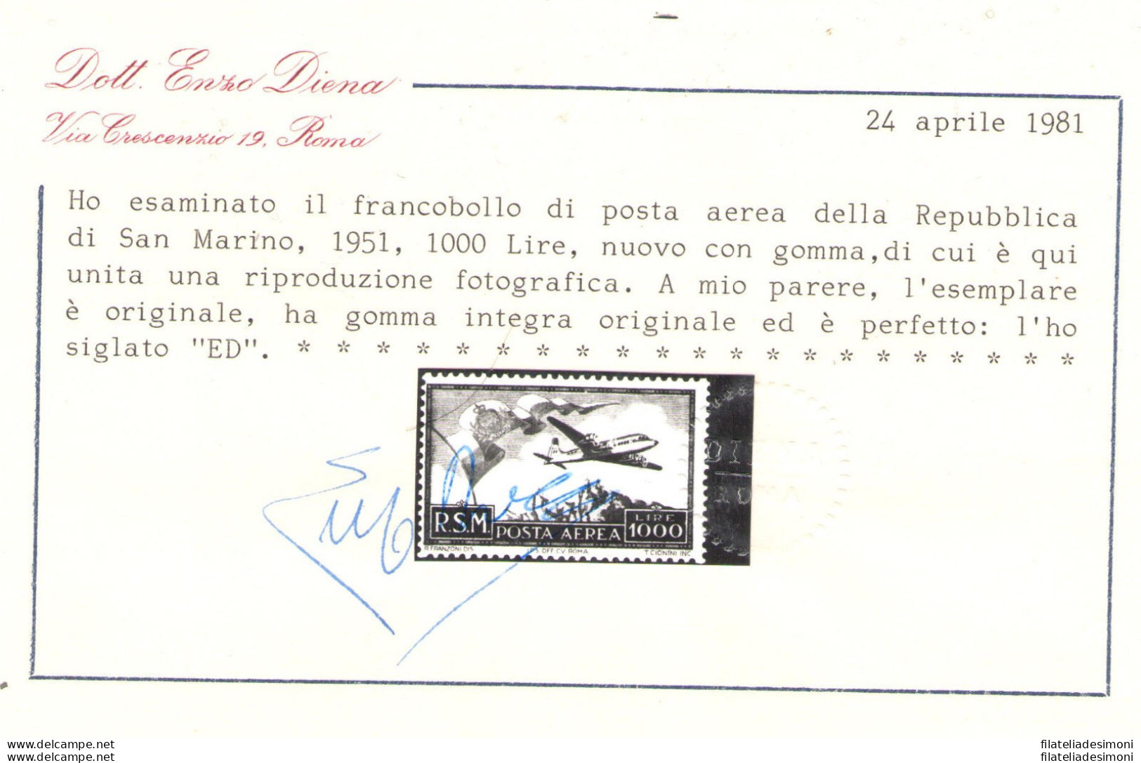 1951 SAN MARINO Posta Aerea N° 99 Bandierone MNH** Certificato Enzo Diena - Corréo Aéreo