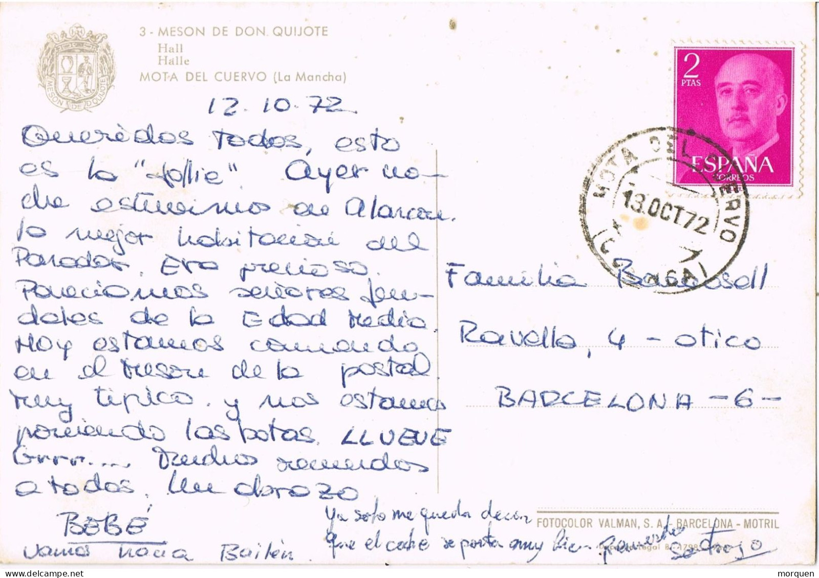 54733. Postal MOTA Del CUERVO (Cuenca) 1962. Vista Meson Don Quijote De MOTA - Covers & Documents