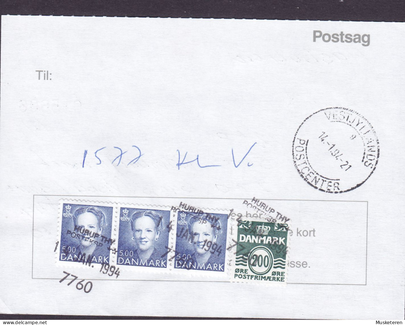 Denmark Regning Manglende Porto Bill TAXE Postage Due Australia Line Cds. HURUP THY 1994 Postsag 3-Stripe (Cz. Slania) - Brieven En Documenten