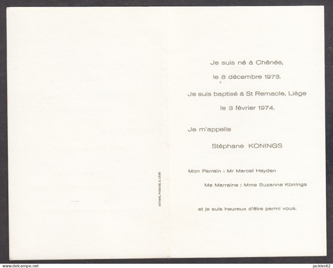 129962/ Naissance, Stéphane, Liège, 8/12/1974, Ed. Coloprint - Naissance & Baptême