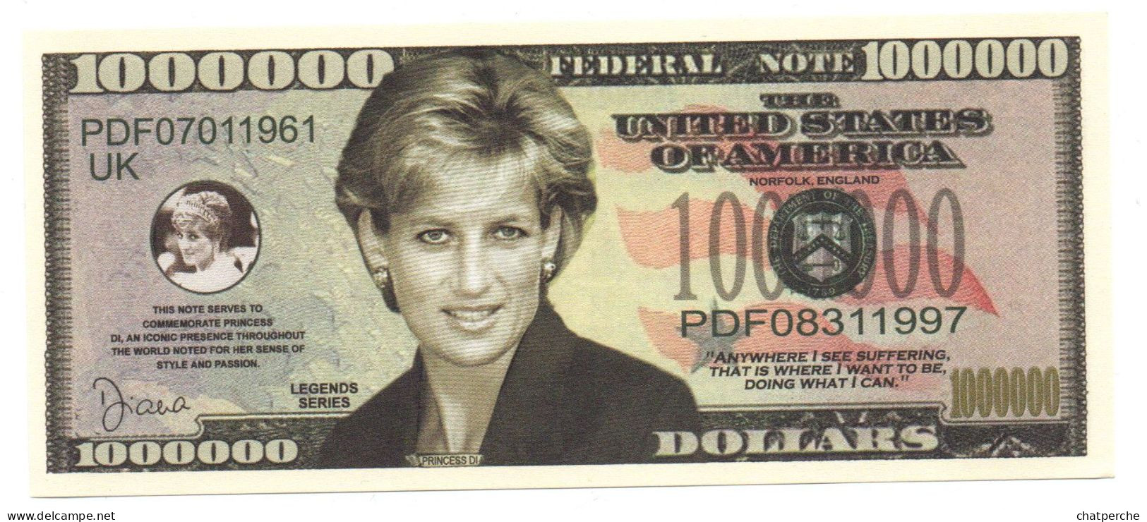 POUR COLLECTIONNEUR FAUX-BILLET FAKE TICKET 1 000 000 DOLLARS USA LADY DY DIANA PRINCESSE OF WALLES - Errors