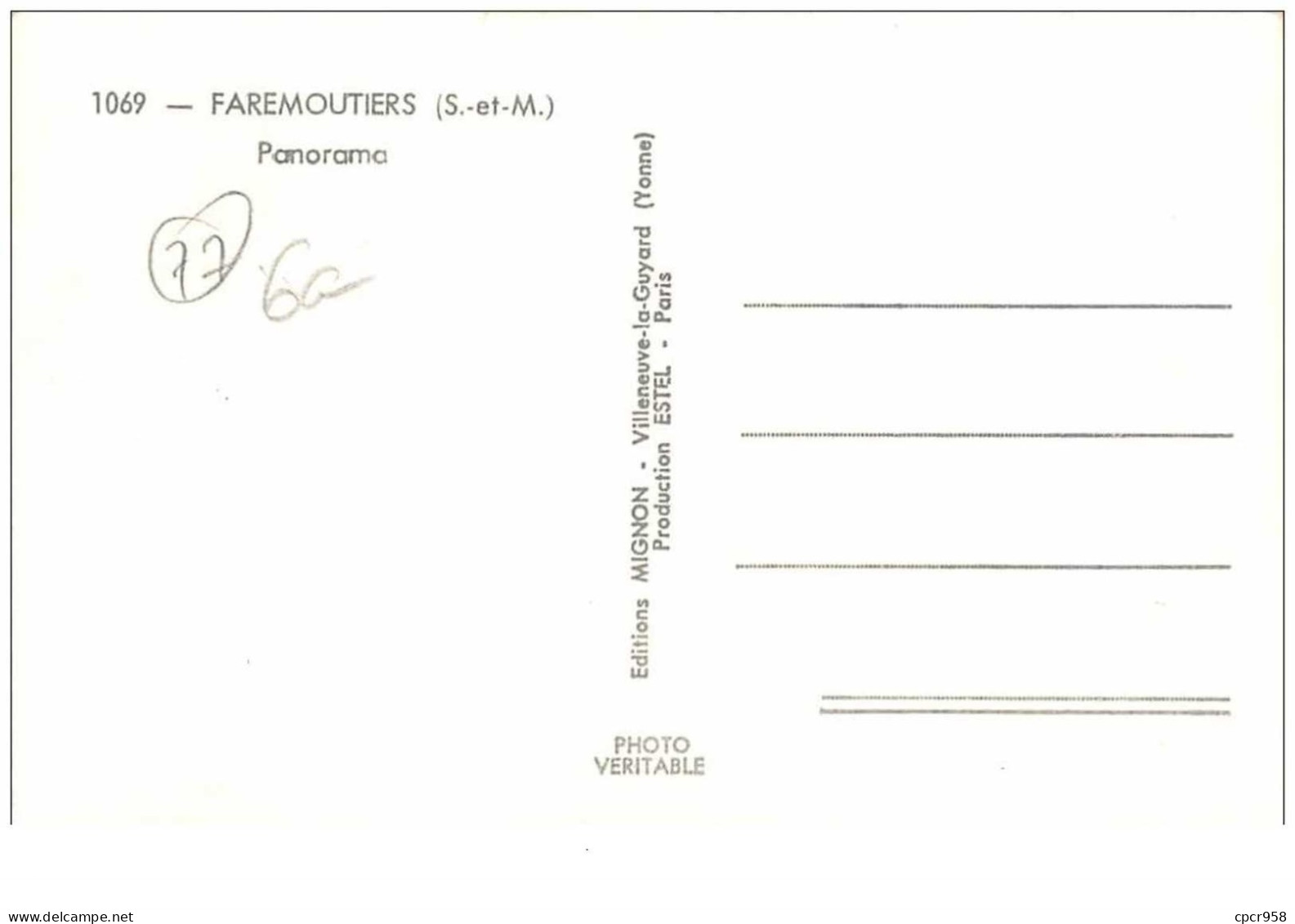 77 . N° 44622 . Faremoutiers. Vue Generale . Cpsm  14 X 9 Cm. - Faremoutiers