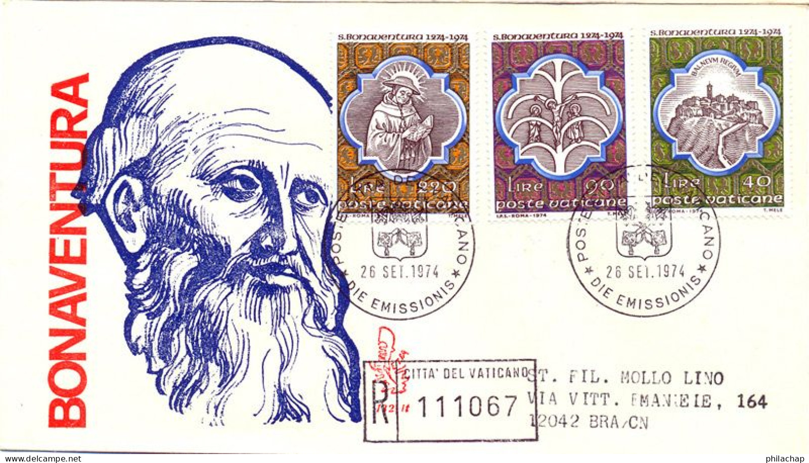 Vatican FDC 1974 Yvert 579 / 581 Saint Bonaventure - FDC