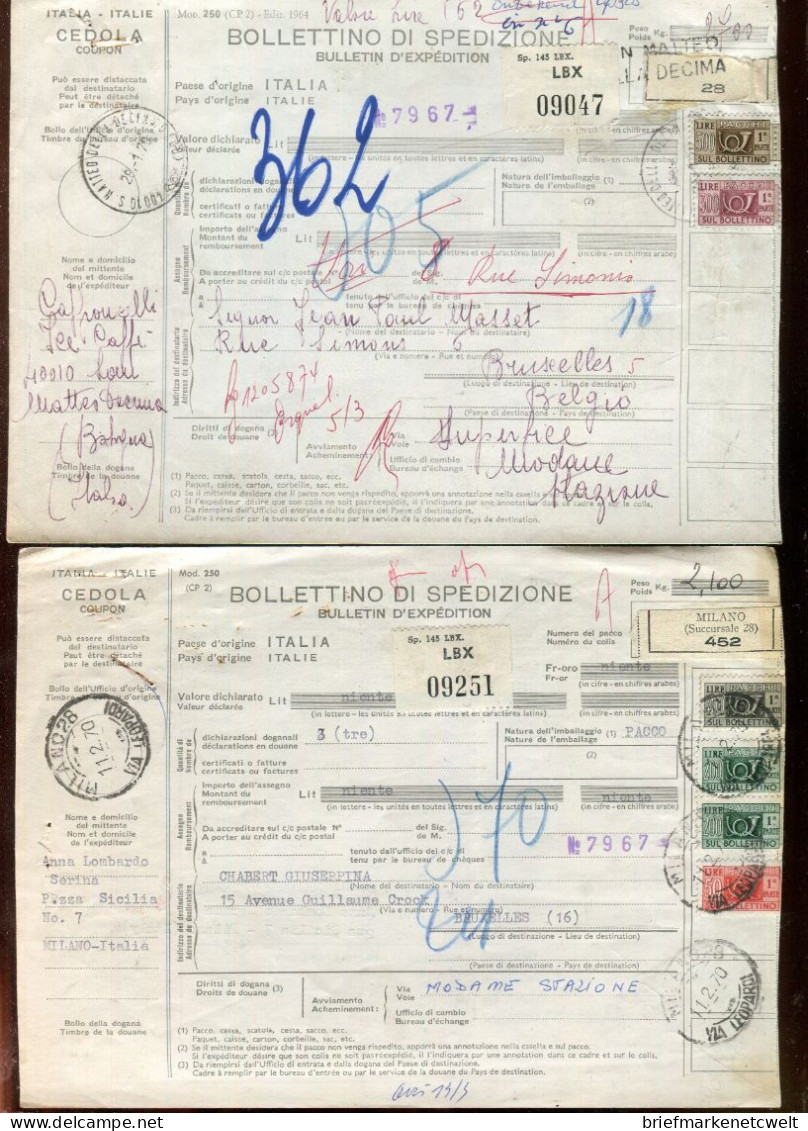 "ITALIEN" 1970, 2 Auslandspaketkarten Nach Belgien, Frankaturen ! (B1081) - Postal Parcels