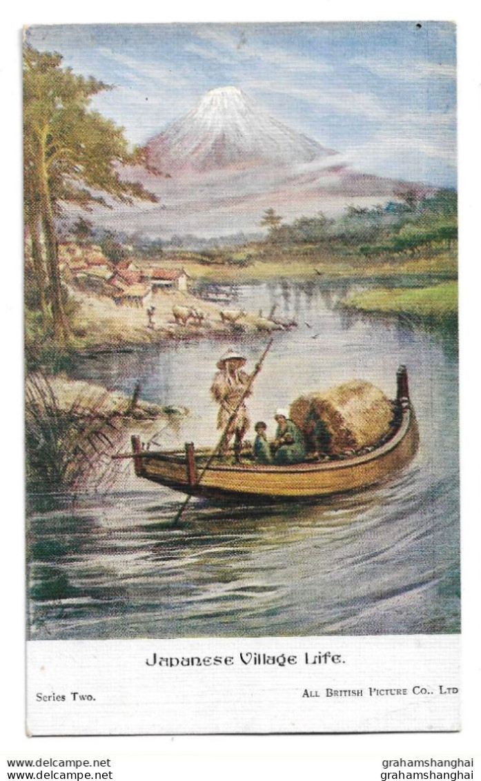 Postcard Japanese Village Life Man On Sampan On River By Houses All British Picture Co. Unposted - Asie