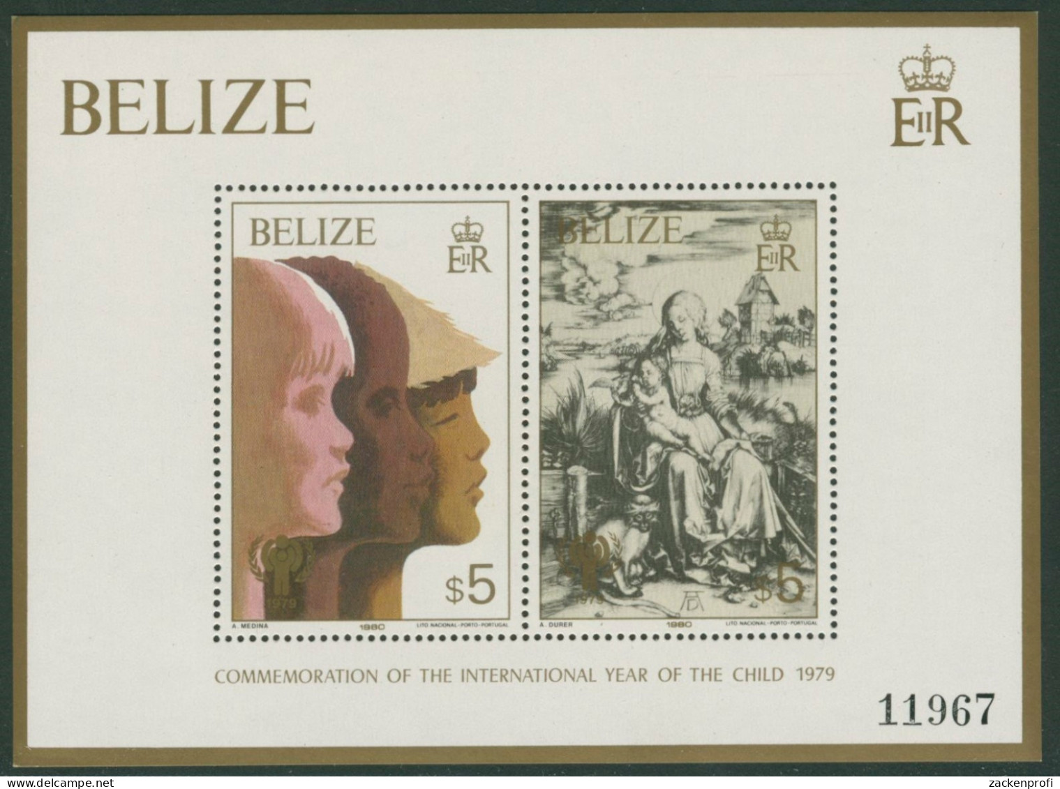 Belize 1980 Jahr Des Kindes Dürer Madonna Mit Katze Block 16 Postfrisch (C22507) - Belize (1973-...)