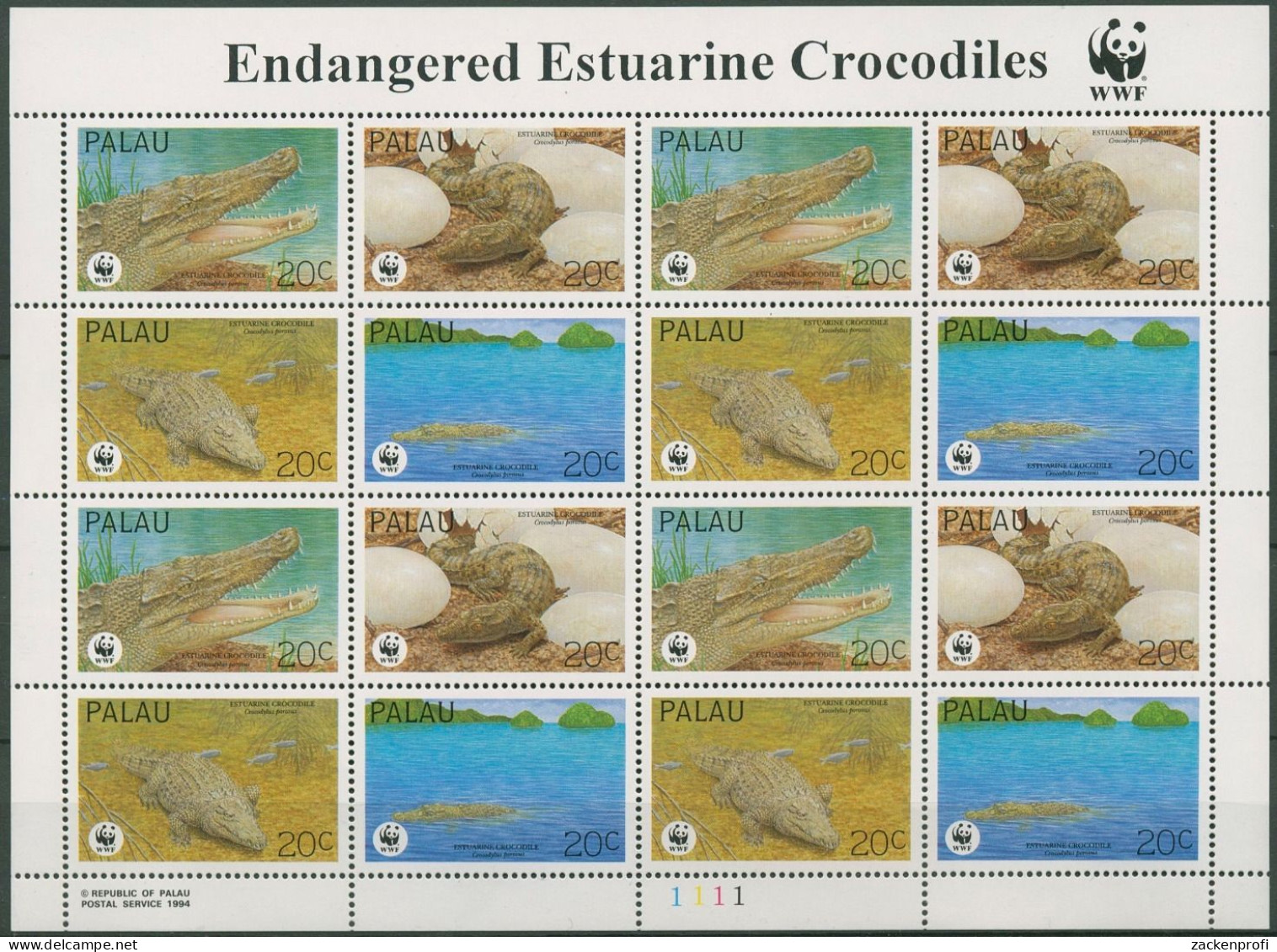 Palau 1994 WWF Naturschutz Leistenkrokodil 690/93 ZD-Bogen Postfrisch (C73272) - Palau